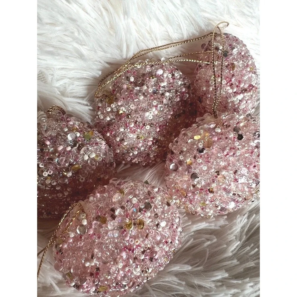 Pink Sparkly Beaded Christmas Tree Ornaments Set of 5 Gold Shimmering Baubles